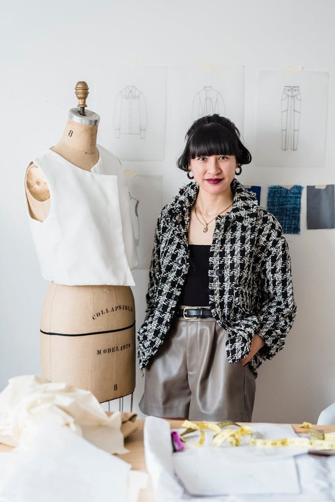 Cheerful young Asian woman designer in stylish clothes standing near mannequin against wall with sketches and looking at camera in atelier